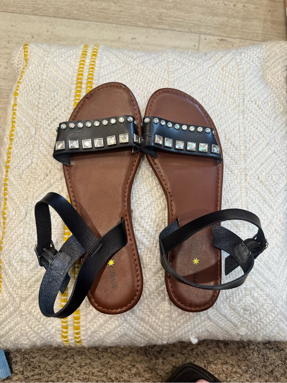 Black Studded Flat Ankle-Strap Sandals with Brown Footbed